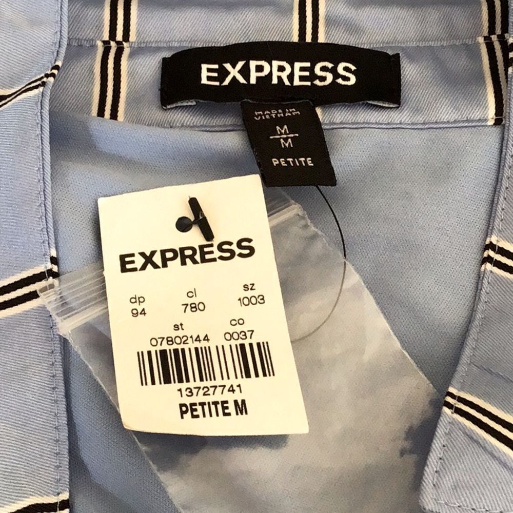 Express Light Blue Black Vertical Stripe Tab Sleeve Collared Shirt Dress NEW - Picture 14 of 15